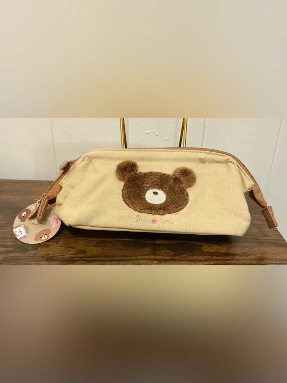 Rare NWT From Japan Skater Pompon's Bear Plush Face Pencil Cosmetic Makeup Bag
